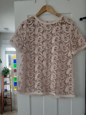 LOFT Blush Lace Short Sleeve Overlay Top